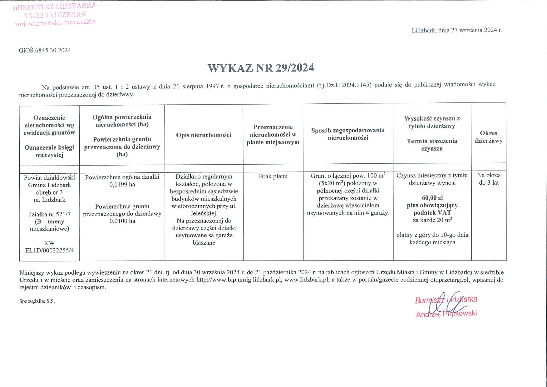 Wykaz Nr 29/2024 - Nieruchomość gruntowa do dzierżawy - Lidzbark, obr. 3, dz. nr 521/17